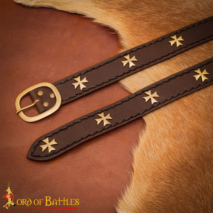 Medieval Crusader Leather Belt made with Brown Leather, Brass Mounts and Buckles