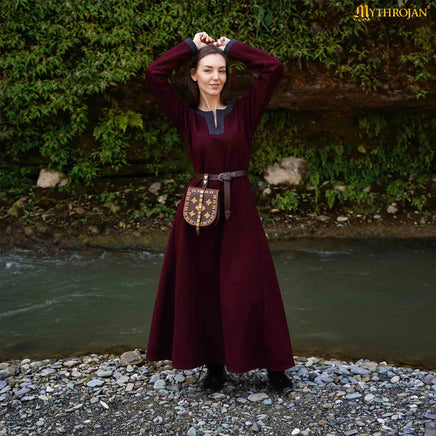 Medieval Reenactment costume Red Woolen Dress with Twill Borders