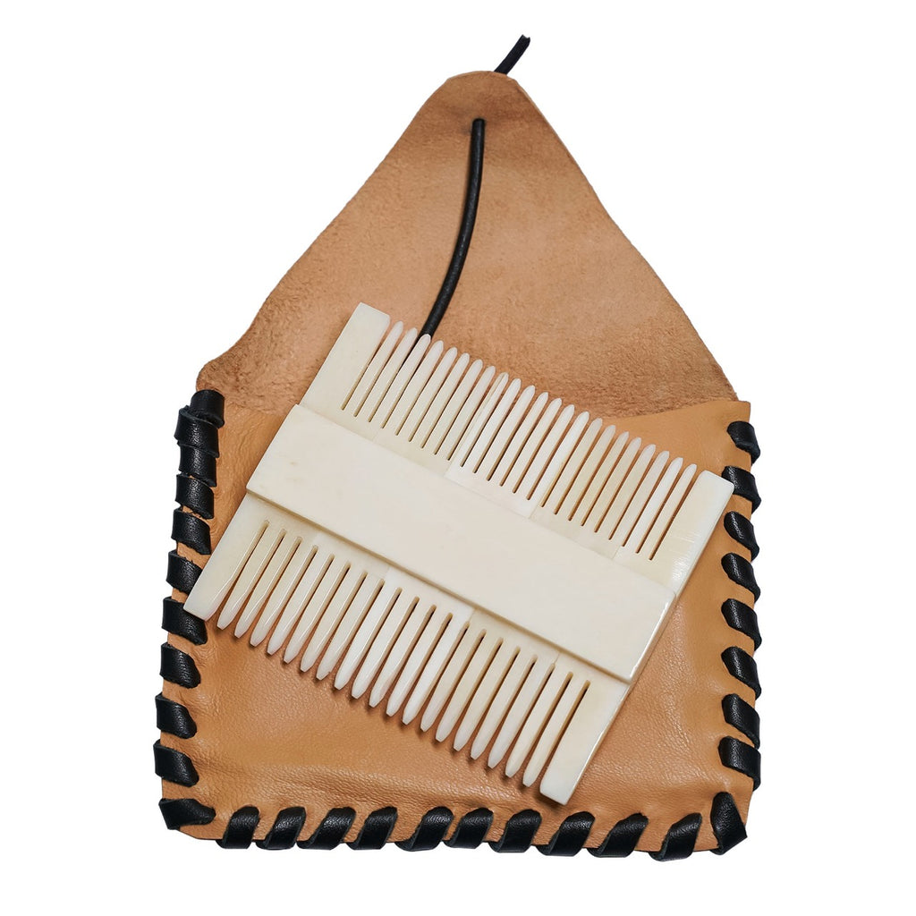 Bone Double Sided Comb with Leather Case