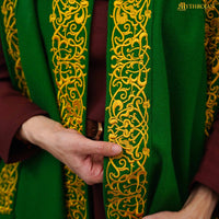 Green Wool Cape With Viking Embroidery and Brass Clasp
