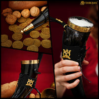 Drinking Horn with Brass Trim and End, Black Leather holder and Crowned Heart Mount