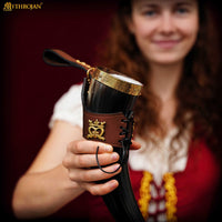Drinking Horn with Brass Trim and End, Brown Leather holder and Crowned Heart Mount