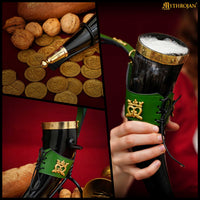 Drinking Horn with with Brass Trim and End, Green Leather holder and Crowned Heart Mount