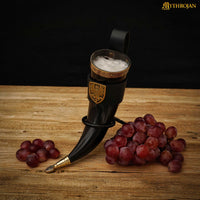 Drinking Horn with Brass Trim and End, Black Leather holder and Brass Eagle Mounts