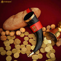 Drinking Horn with Brass Trim and End, Red Leather holder and Brass Quatrefoil Mounts