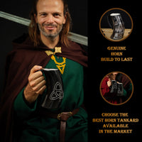 Horn Tankard with leather strap, 600 ML, Carved Triquetra Design