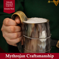 Horn Tankard with leather strap, 600 ML, Carved Barrel Design