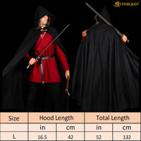 Medieval black wool cloak with hood and clasp