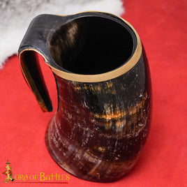 Medieval brass rimmed rustic horn tankard