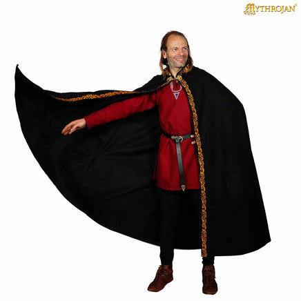 Medieval cloak with clasp and gold colour embroidery design