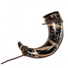 Drinking Horn with Burnt Design and Leather Strap