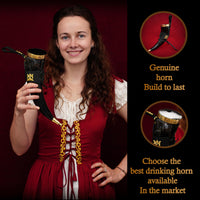 Drinking Horn with Brass Trim and End, Black Leather holder and Crowned Heart Mount