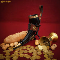 Drinking Horn with Brass Trim and End, Brown Leather holder and Crowned Heart Mount