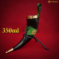 Drinking Horn with with Brass Trim and End, Green Leather holder and Crowned Heart Mount