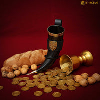 Drinking Horn with Brass Trim and End, Black Leather holder and Brass Eagle Mounts