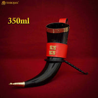 Drinking Horn with Brass Trim and End, Red Leather holder and Brass Quatrefoil Mounts