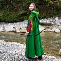 Green Wool Cape With Viking Embroidery and Brass Clasp