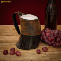 Horn Tankard with leather strap, 600 ML, Carved Leather Design.