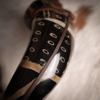 Drinking Horn with Burnt Design and Leather Strap