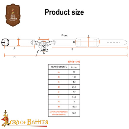Sizing guide for Black leather pirate baldric belt with brass buckle