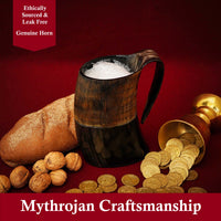 Horn Tankard with leather strap, 600 ML, Carved Leather Design.