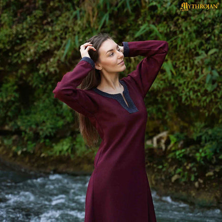 Viking Red Woolen Dress with Diamond Twill Decorative Borders