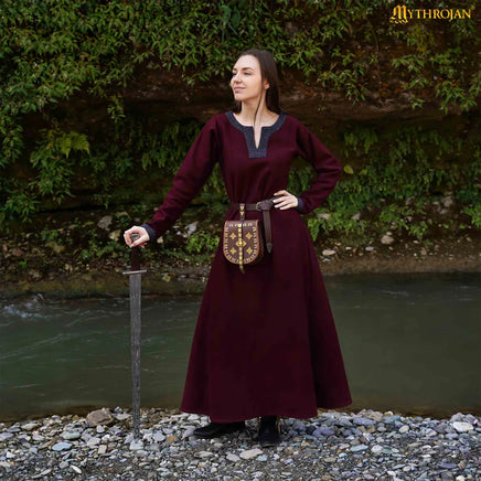 Viking Shieldmaiden Red Woolen Dress with Twill Borders