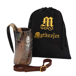 Horn Tankard with leather strap, 600 ML, Carved Barrel Design