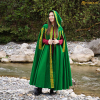Green Wool Cape With Viking Embroidery and Brass Clasp