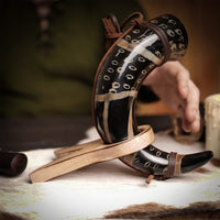 Drinking Horn with Burnt Design and Leather Strap
