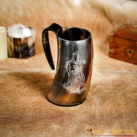 Horn Tankard with Howling Wolf Engraving