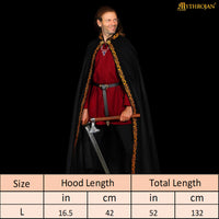 Viking black wool cloak with brass clasp and gold trim