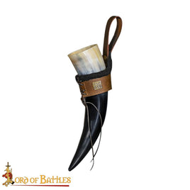 Viking drinking horn with brown fur leather holder
