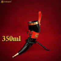 Viking drinking horn with red leather holder
