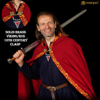 Viking red wool cloak with brass clasp and gold trim