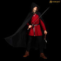 black wool cloak with hood and brass clasp