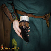 drinking horn holder with faux fur covered leather holder and viking belt mounts