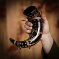 Drinking Horn with Burnt Design and Leather Strap