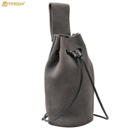 grey bag with leather drawstring closure