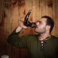 Drinking Horn with Burnt Design and Leather Strap