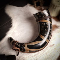 Drinking Horn with Burnt Design and Leather Strap