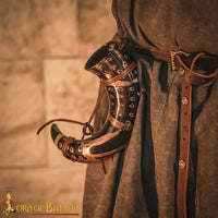 Drinking Horn with Burnt Design and Leather Strap