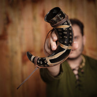 Drinking Horn with Burnt Design and Leather Strap