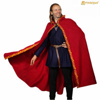 red wool cloak with brass Viking clasp and gold embroidery