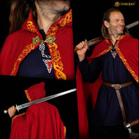 red wool cloak with hood and clasp