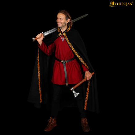 wool cloak with brass clasp and gold embroidery trim