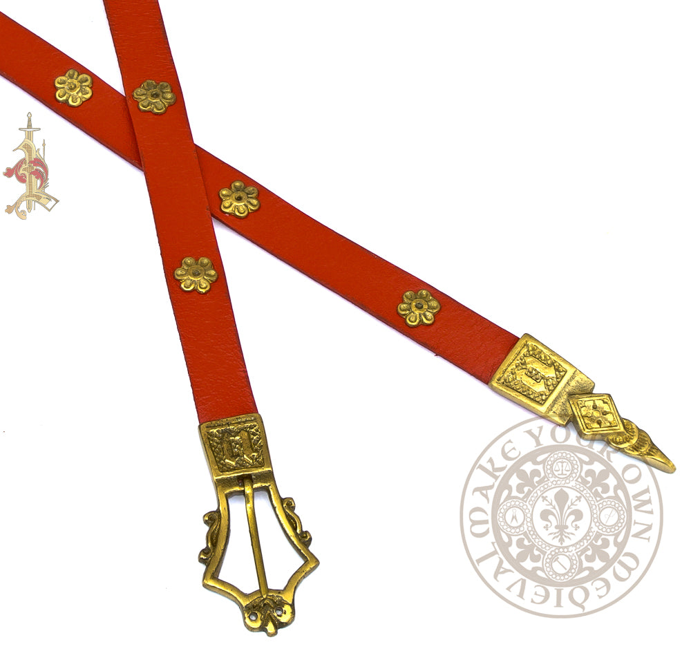 14th century Medieval Leather Belt reproduction with Brass Buckle and strap end