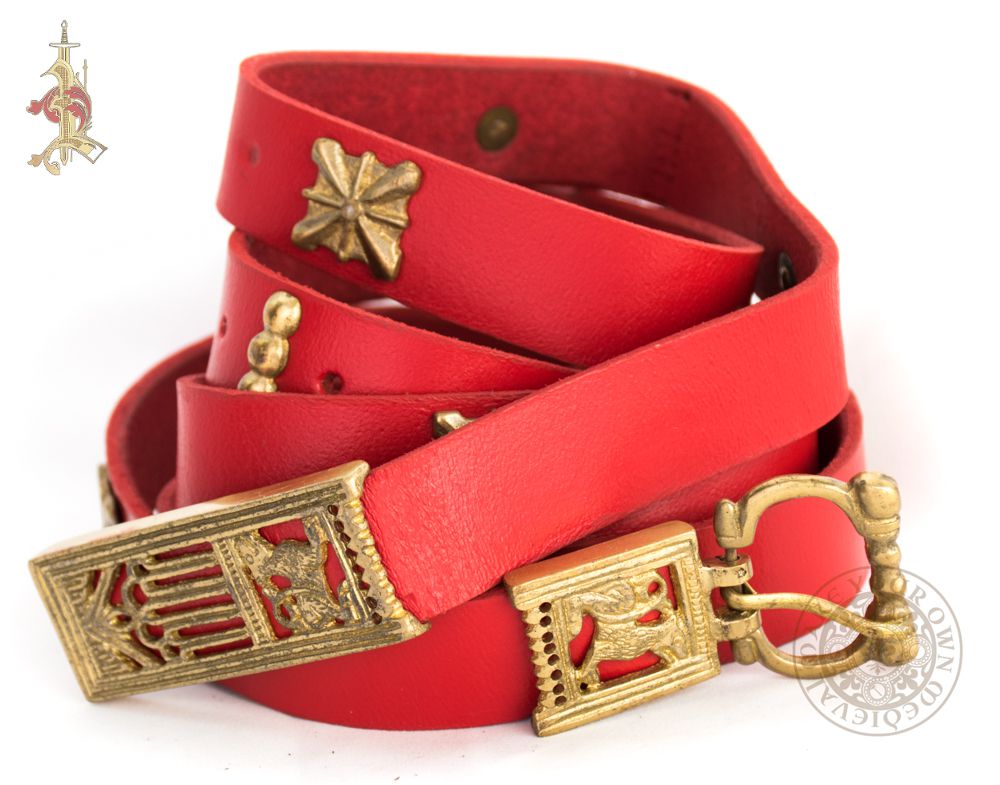 Stark Game of thrones Medieval belt with wolf belt buckle, end and mounts in red leather
