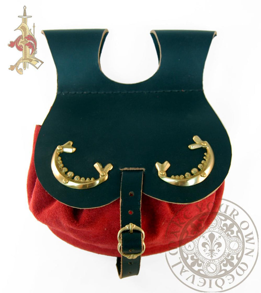 Medieval Kidney Pouch with Brass Fittings Red and Black