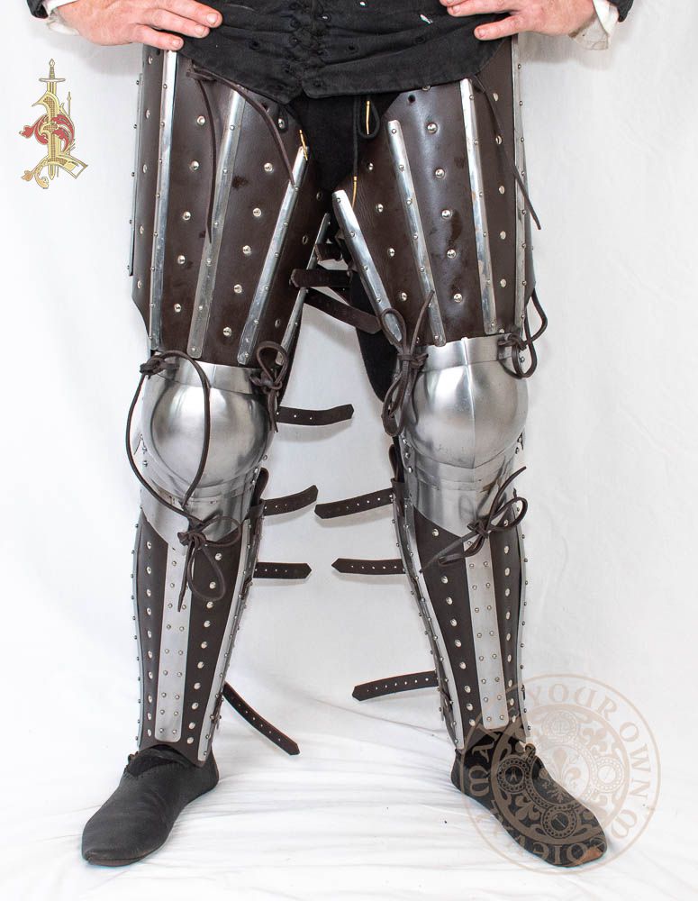 Brigandine splint leg armour in brown leather